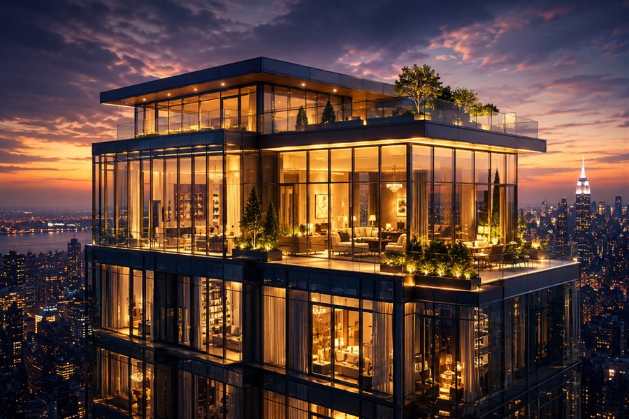 A penthouse at dusk, lit from within